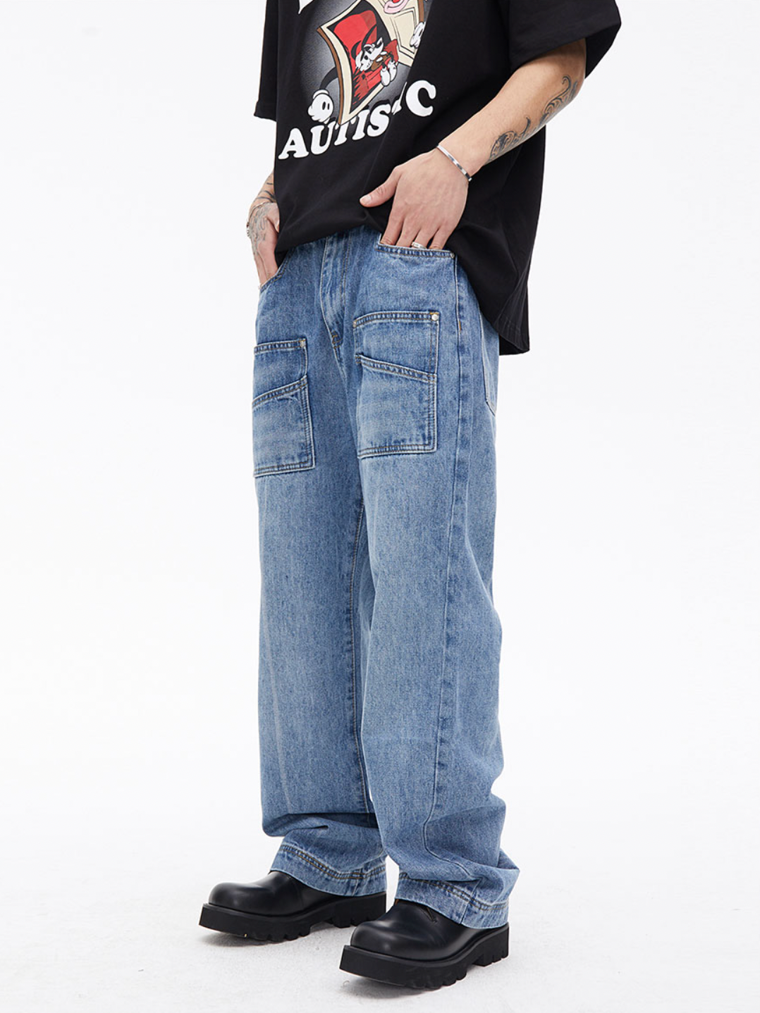 Washed Stitching Pocket Denim Jeans