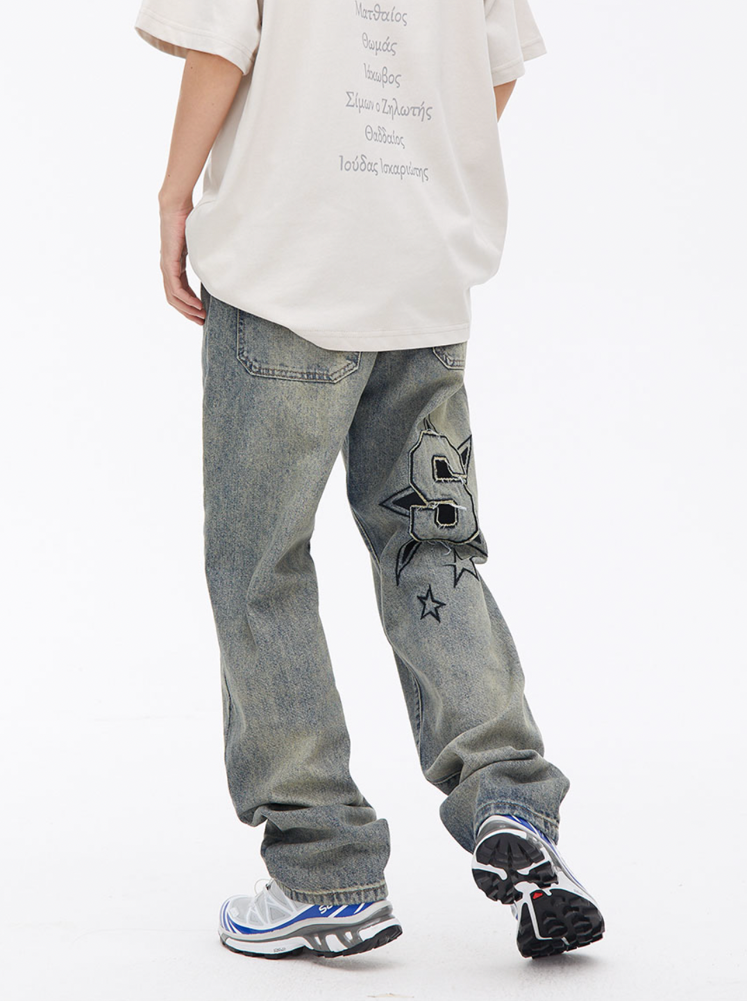 Washed Star Embroidered Denim Jeans