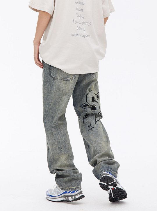 Washed Star Embroidered Denim Jeans