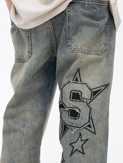 Washed Star Embroidered Denim Jeans