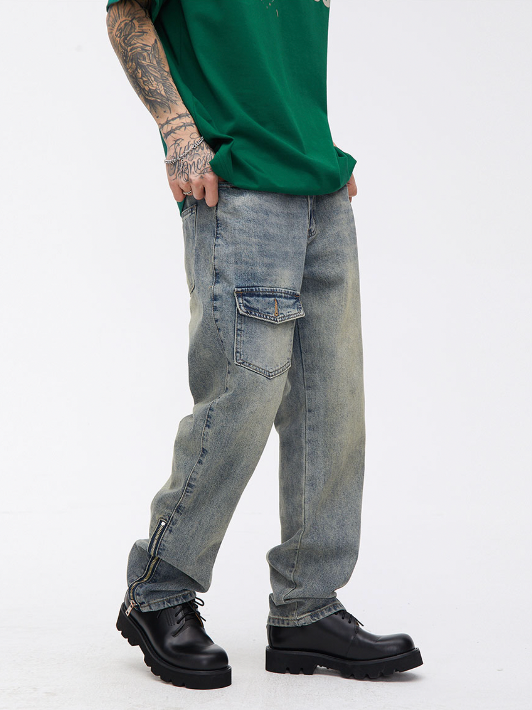 Washed Zipper Denim Jeans