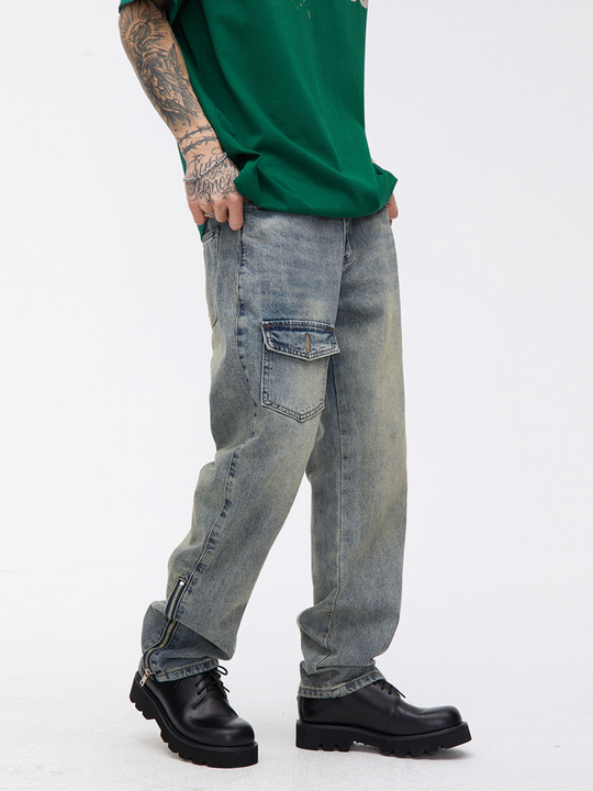 Washed Zipper Denim Jeans