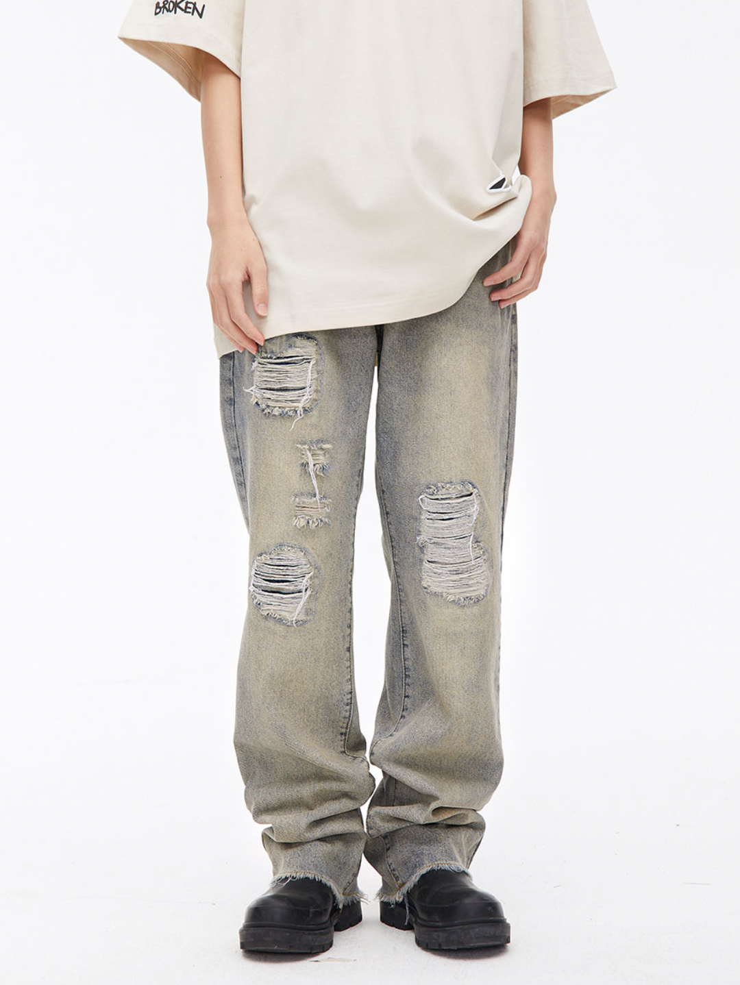 Washed Distressed Loose Denim Jeans