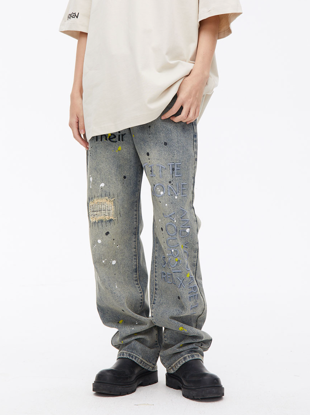 Ink Splash Embroidery Washed Denim Jeans