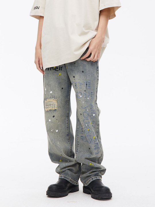 Ink Splash Embroidery Washed Denim Jeans
