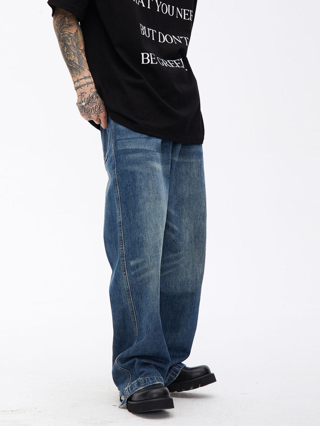 Elastic Waist Washed Denim Jeans