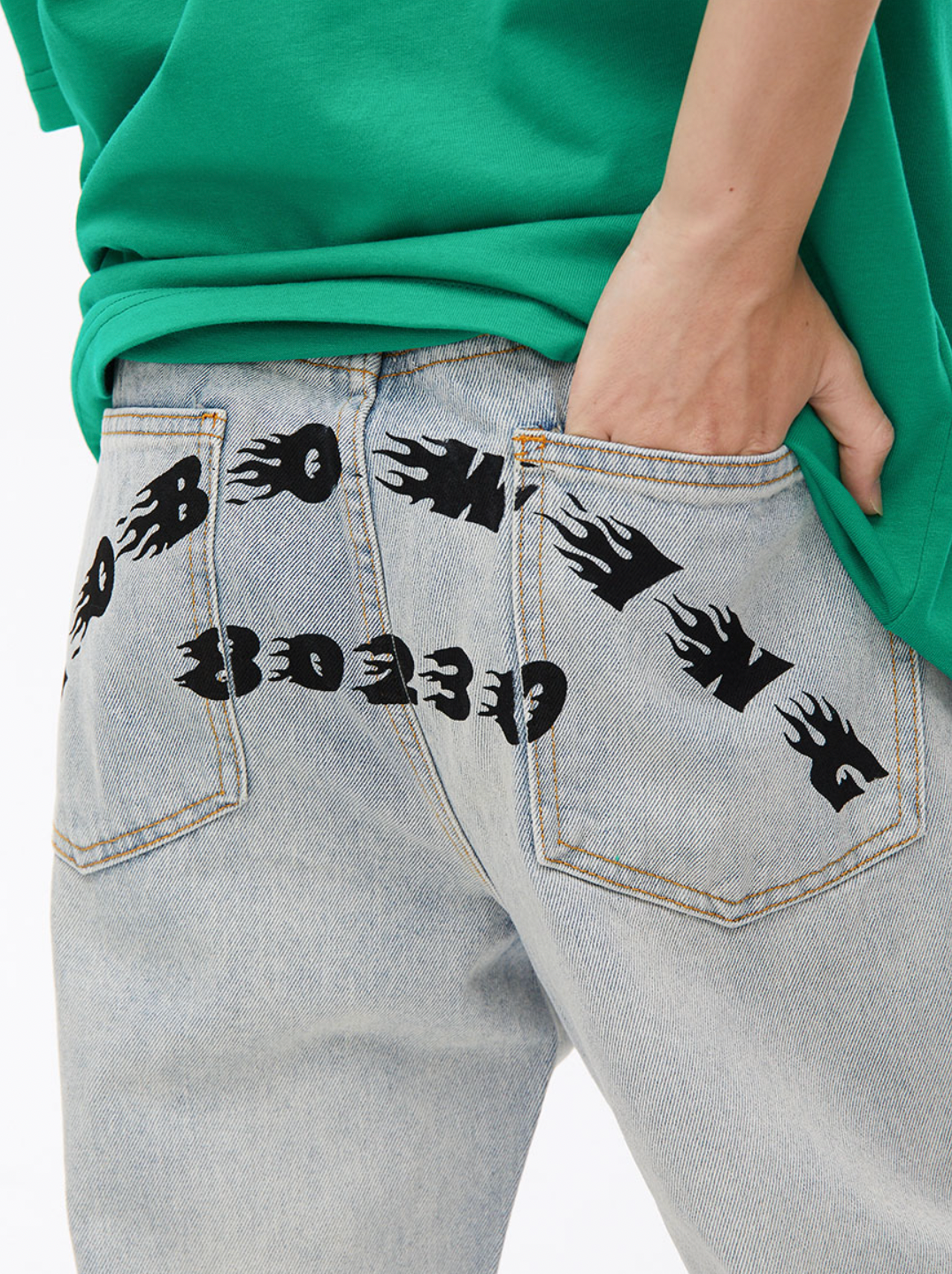 Flame Print Washed Denim Jeans