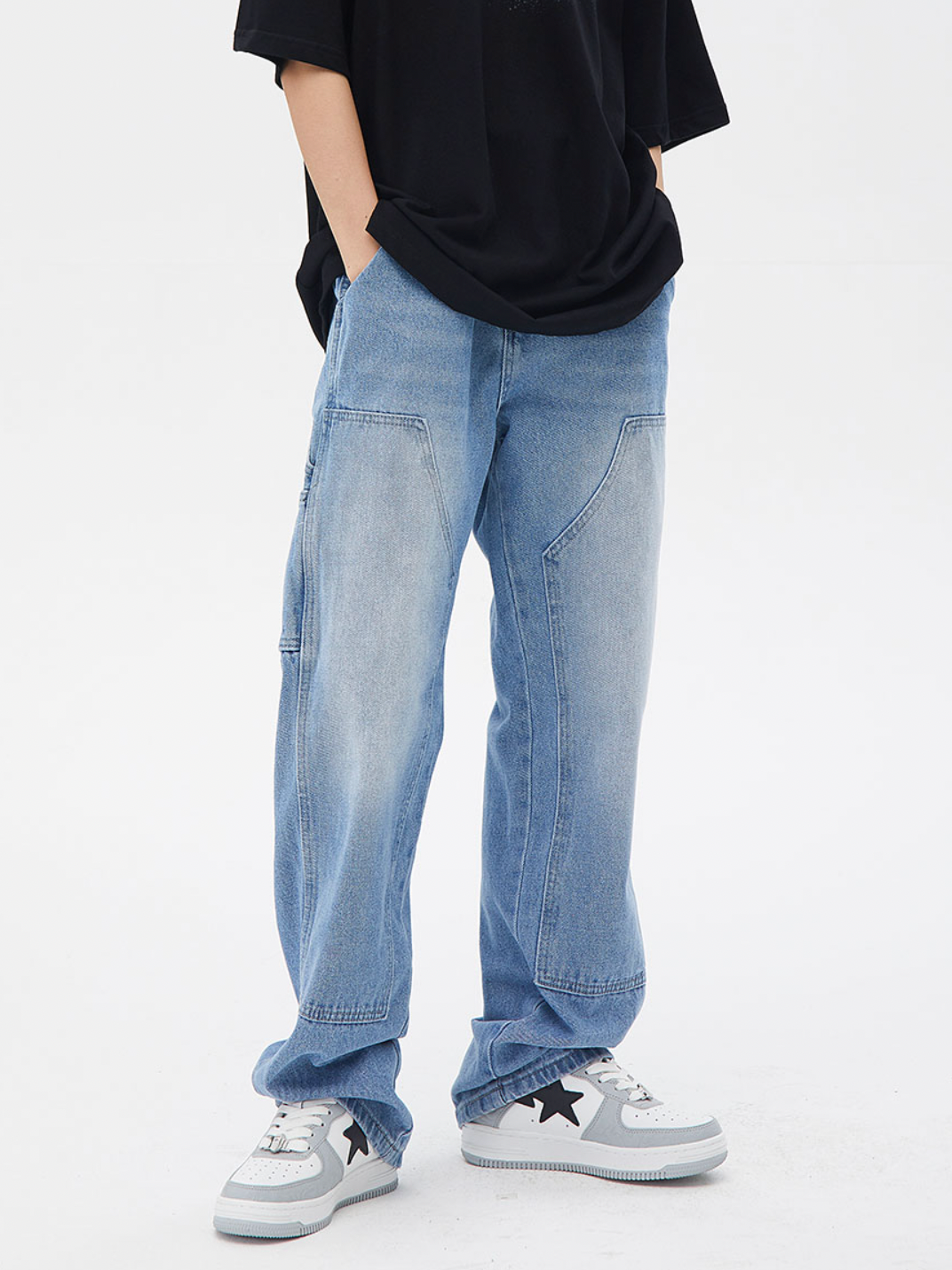 Washed Patchwork Denim Jeans