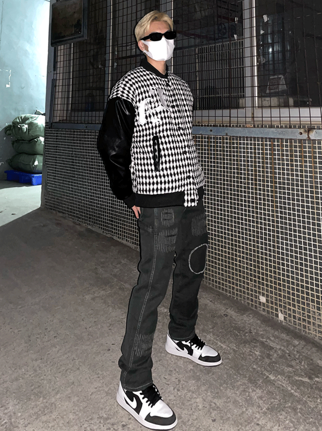 Embroidered Plaid Stitching Varsity Jacket