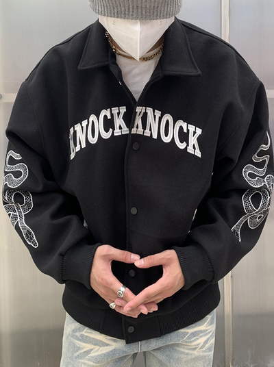 Knock Knock Embroidered Varsity Jacket