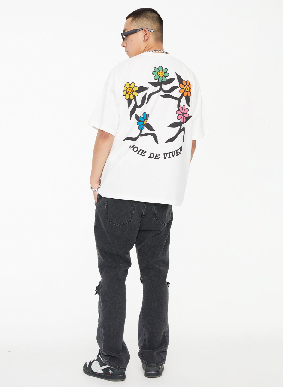 F2CE Flocked Print Graffiti Flowers Tee