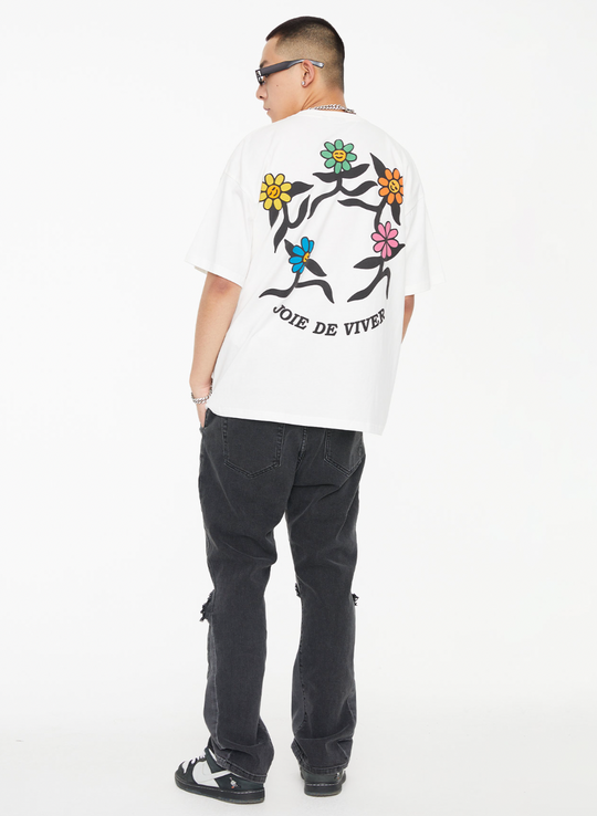 F2CE Flocked Print Graffiti Flowers Tee