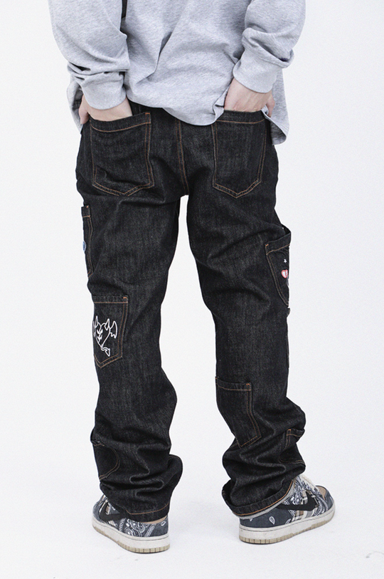 Cashrules Multi Pocket Love Embroidery Denim Pants