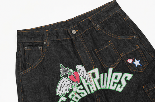 Cashrules Multi Pocket Love Embroidery Denim Pants