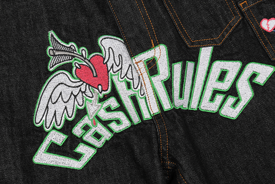 Cashrules Multi Pocket Love Embroidery Denim Pants