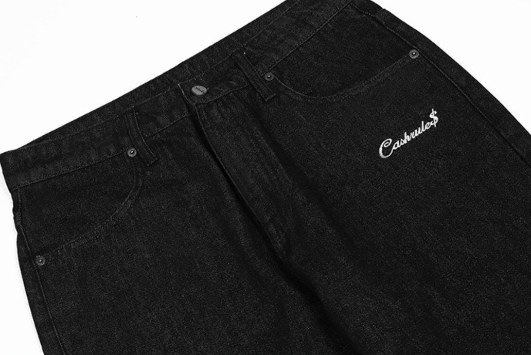 Cashrules Embroidered Loose Black Denim Pants