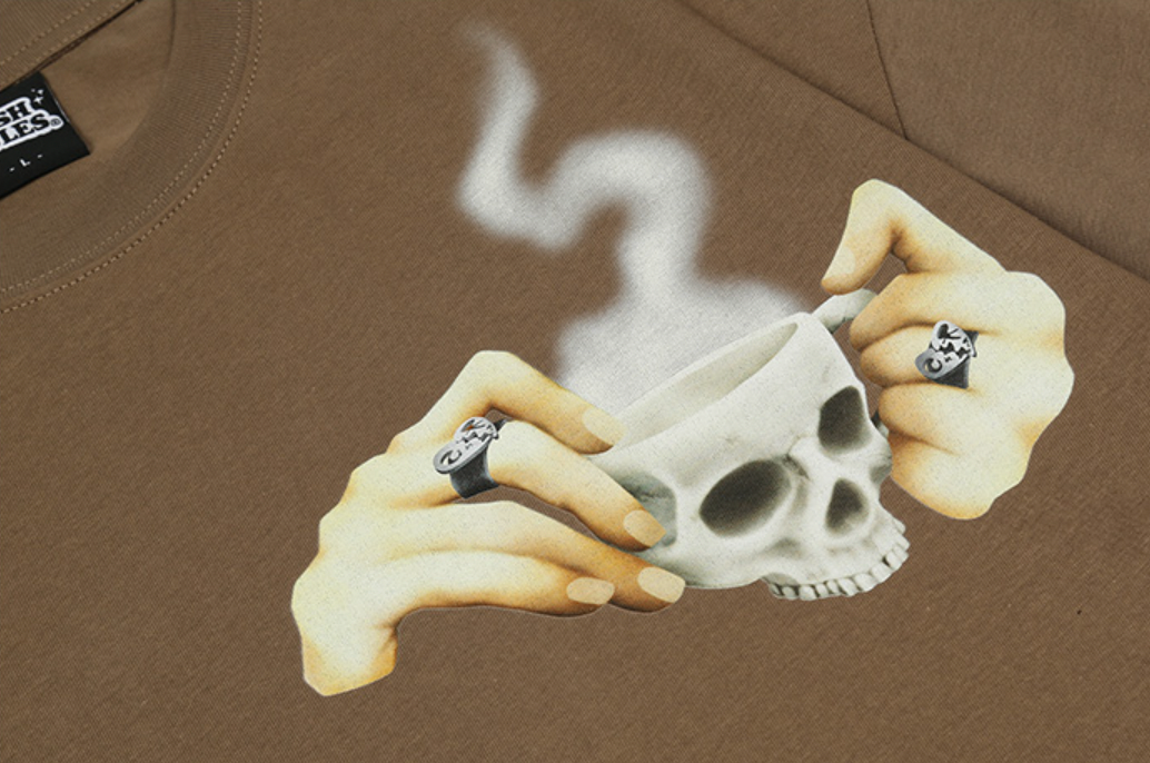 Cashrules Patch Pocket Skull Coffee Cup Printing Tee