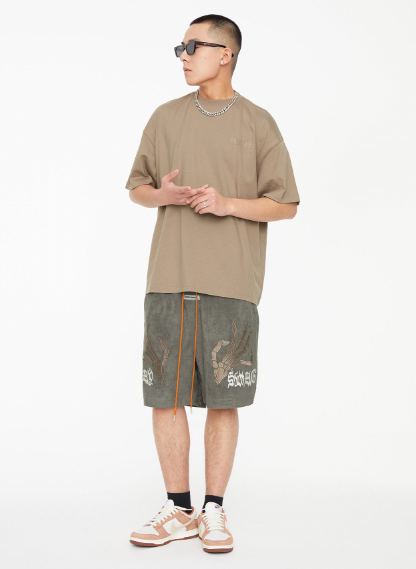 F2CE Skeleton Hands Suede Embroidered Shorts