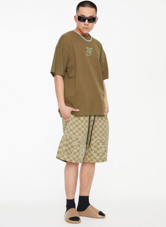 F2CE Jacquard Plaid Embroidered Denim Shorts