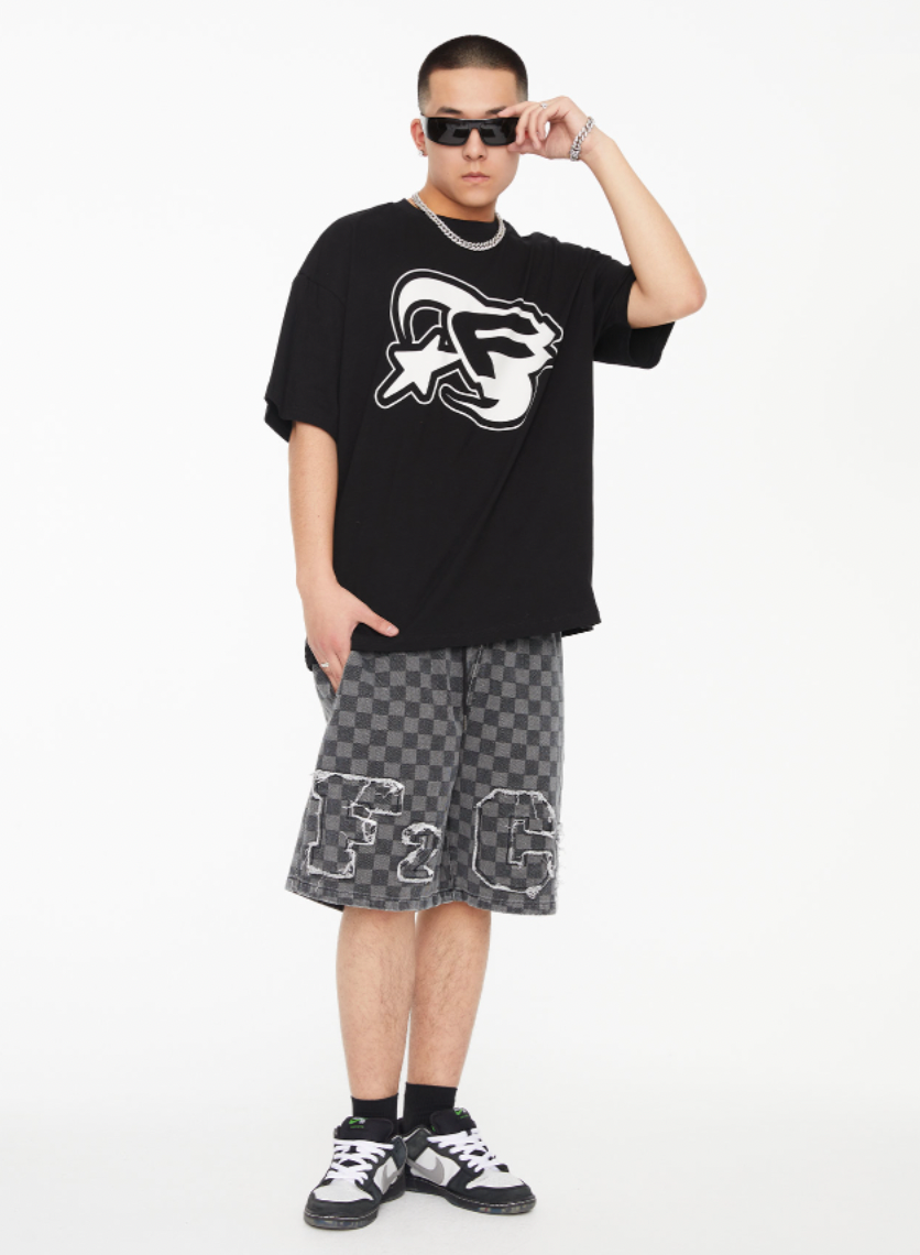 F2CE Jacquard Plaid Embroidered Denim Shorts