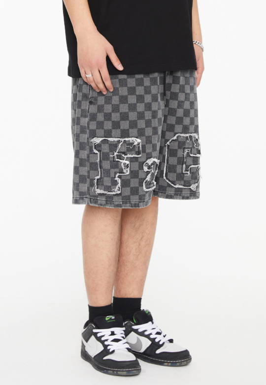 F2CE Jacquard Plaid Embroidered Denim Shorts