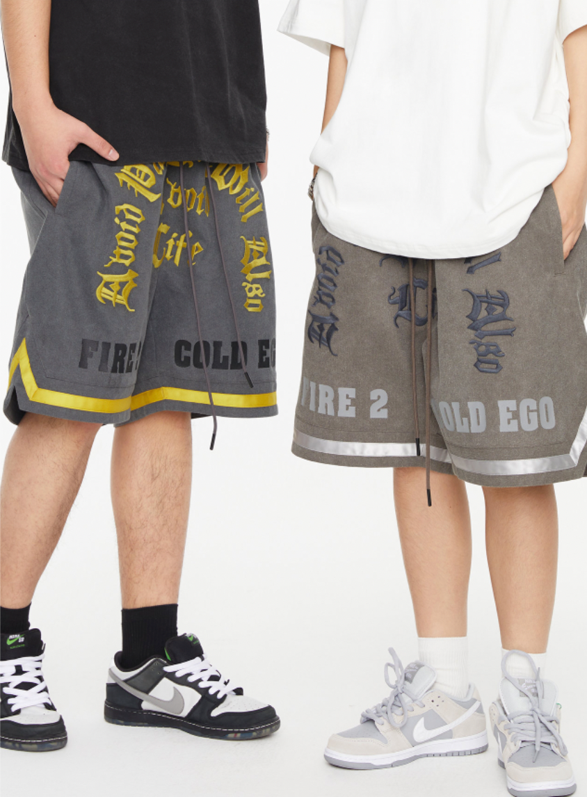 F2CE Washed Gothic Letters Embroidered Shorts