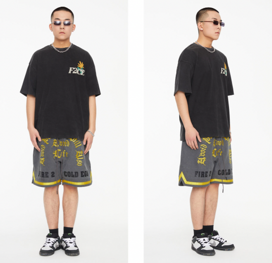 F2CE Washed Gothic Letters Embroidered Shorts