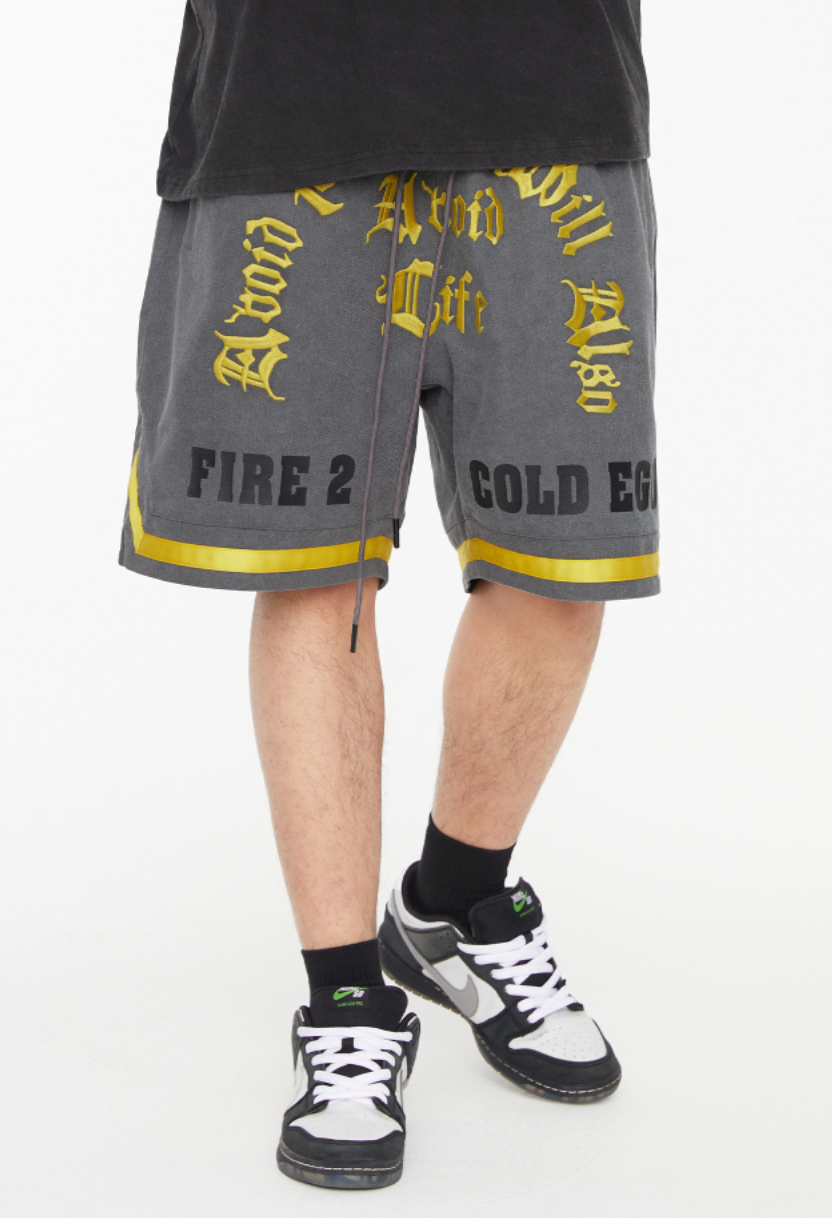 F2CE Washed Gothic Letters Embroidered Shorts