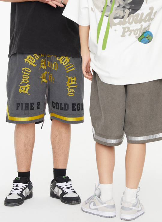 F2CE Washed Gothic Letters Embroidered Shorts