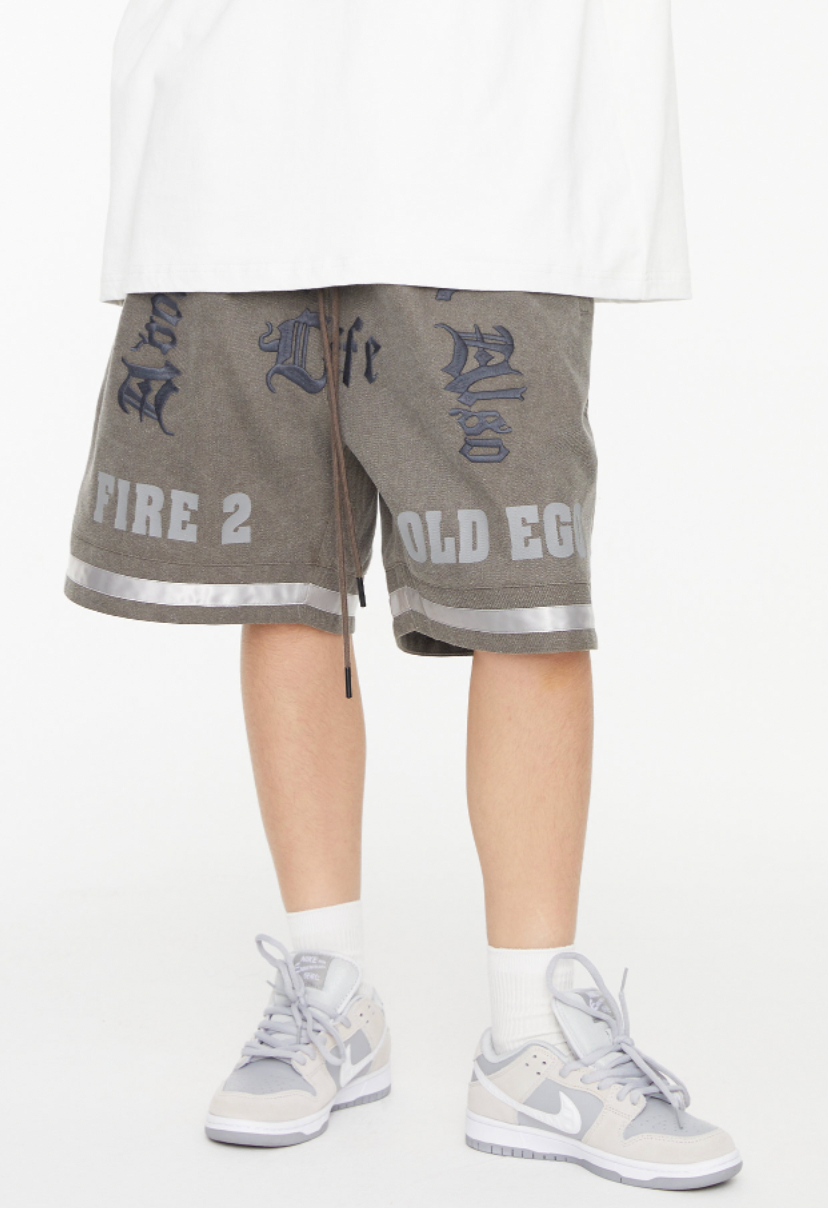 F2CE Washed Gothic Letters Embroidered Shorts