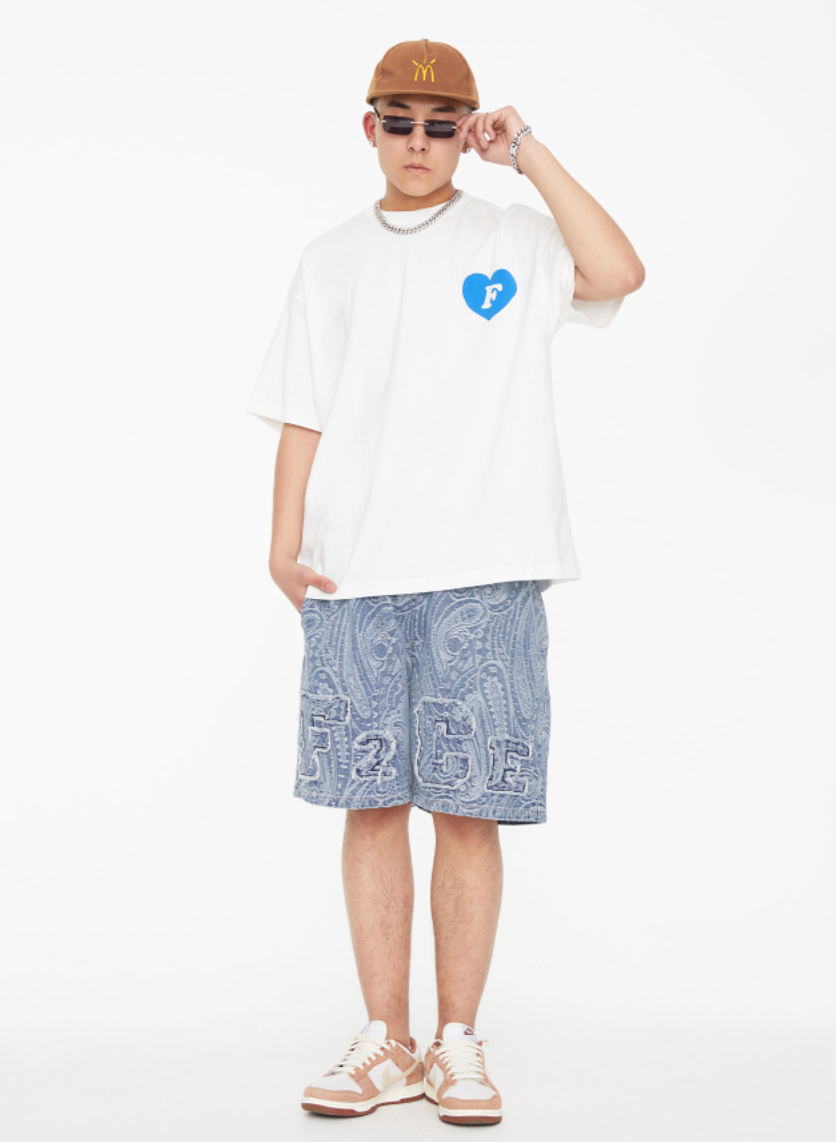 F2CE Washed Paisley Denim Shorts