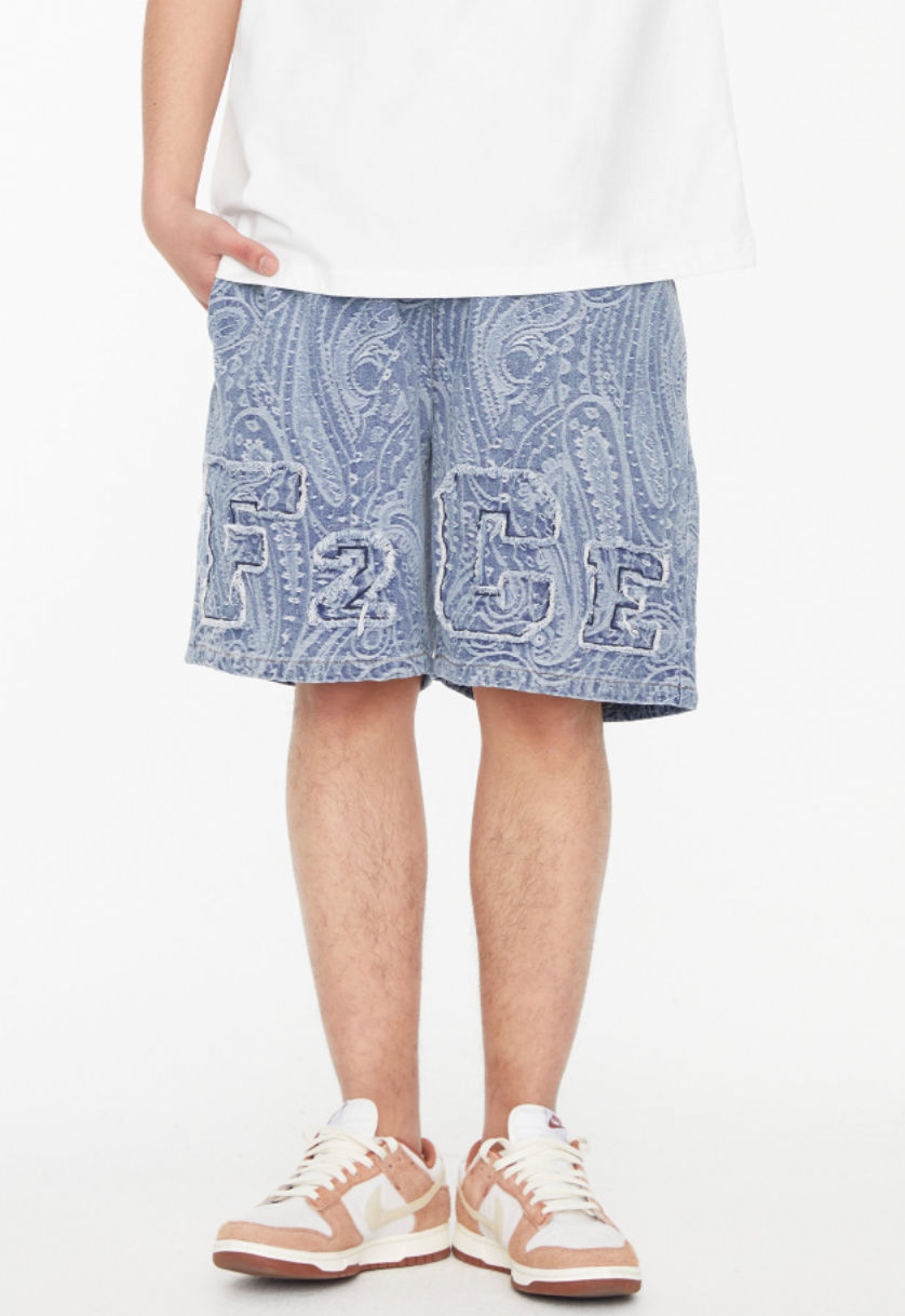 F2CE Washed Paisley Denim Shorts
