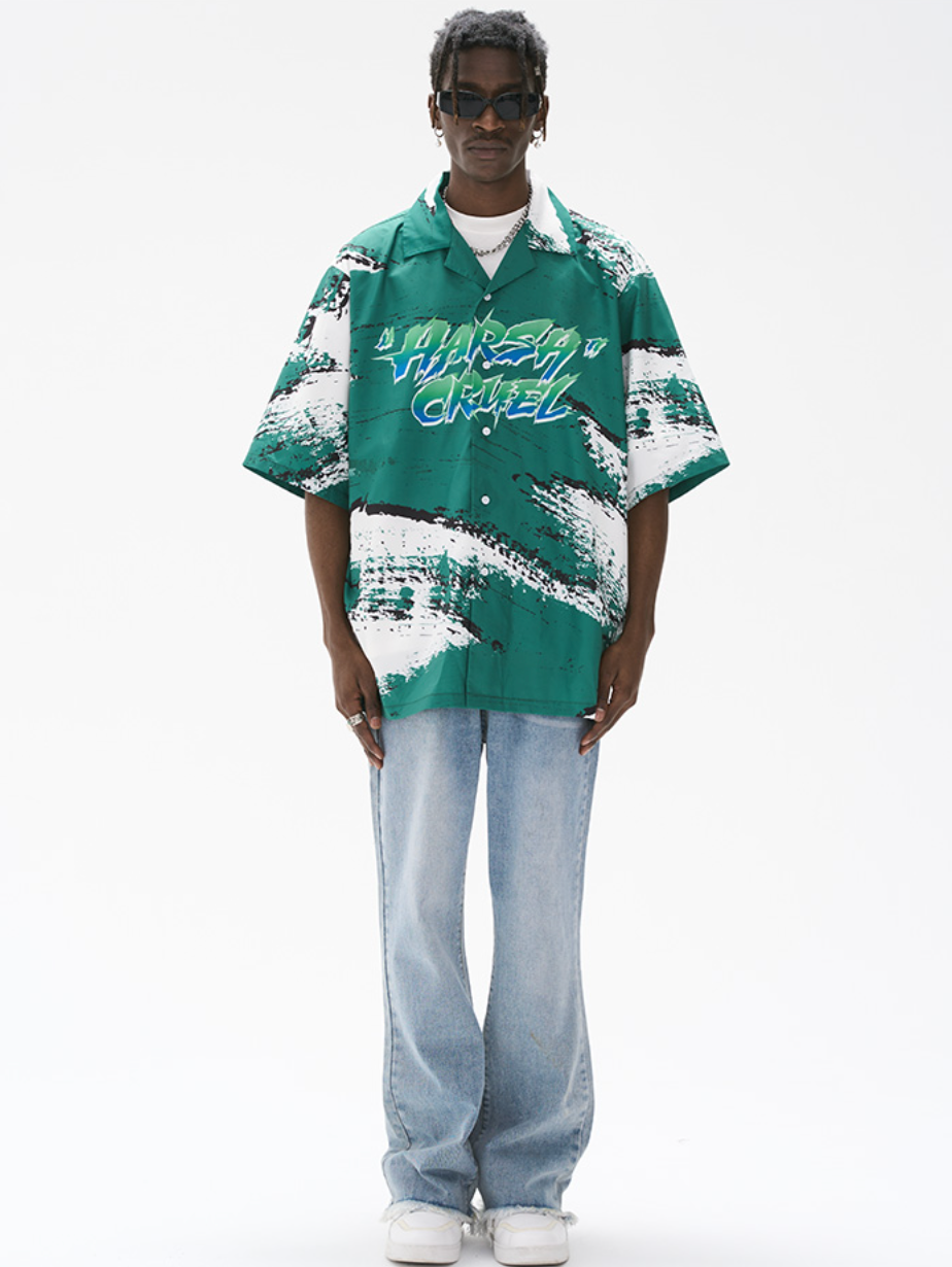 Harsh and Cruel Brush Print Graffiti Font Cuban Shirt