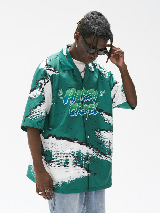 Harsh and Cruel Brush Print Graffiti Font Cuban Shirt