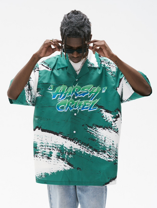 Harsh and Cruel Brush Print Graffiti Font Cuban Shirt