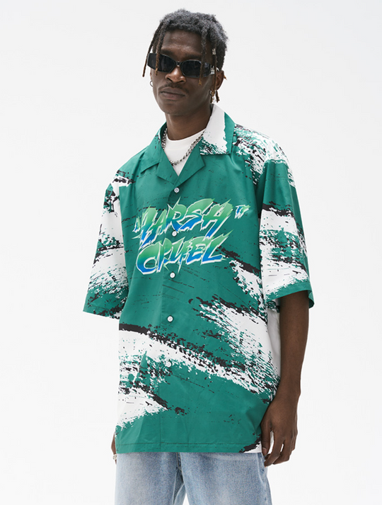 Harsh and Cruel Brush Print Graffiti Font Cuban Shirt