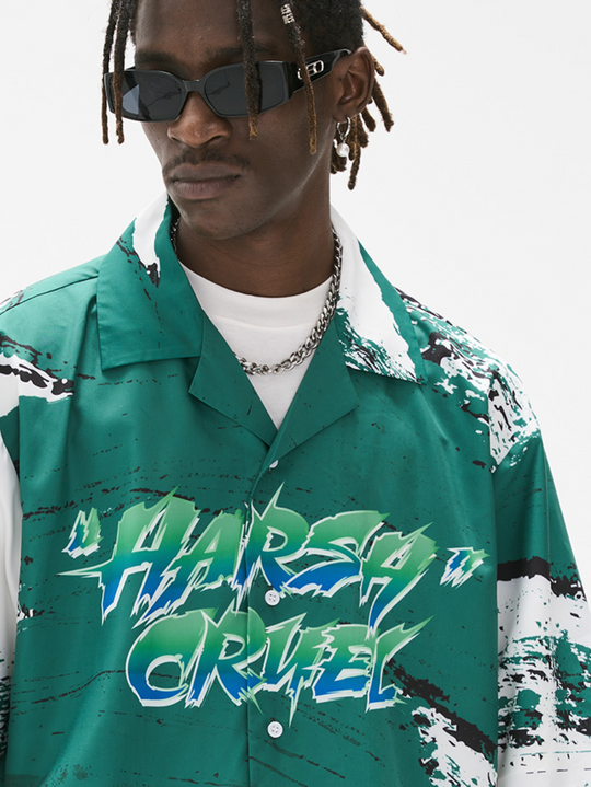 Harsh and Cruel Brush Print Graffiti Font Cuban Shirt