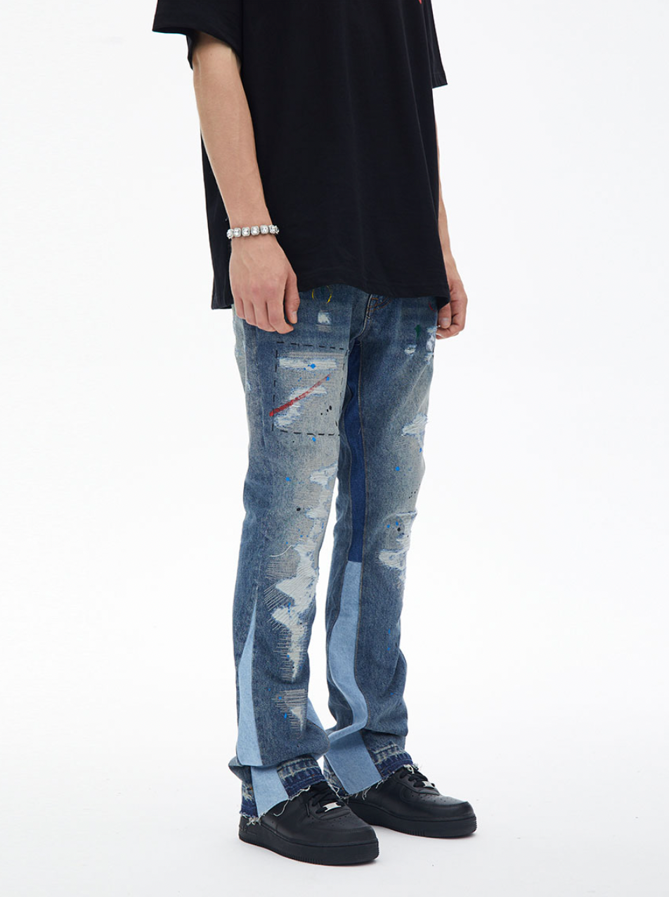 F3F Select Washed Hole Splash Ink Embroidery Flare Denim Jeans