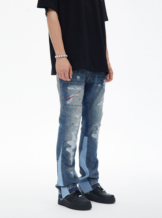 F3F Select Washed Hole Splash Ink Embroidery Flare Denim Jeans
