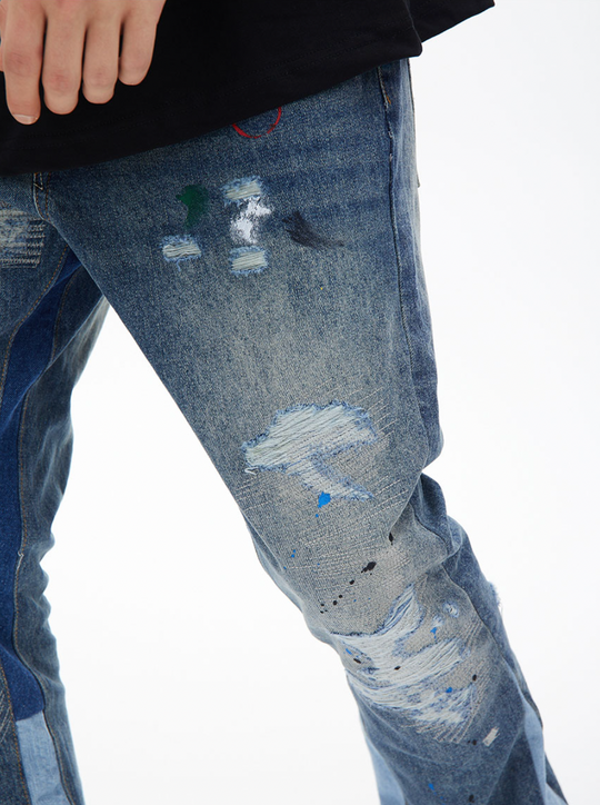 F3F Select Washed Hole Splash Ink Embroidery Flare Denim Jeans