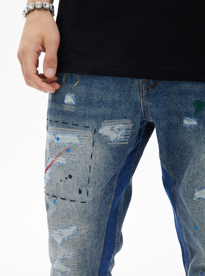F3F Select Washed Hole Splash Ink Embroidery Flare Denim Jeans