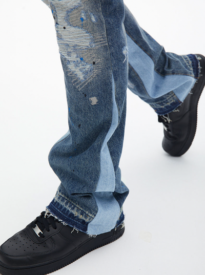 F3F Select Washed Hole Splash Ink Embroidery Flare Denim Jeans