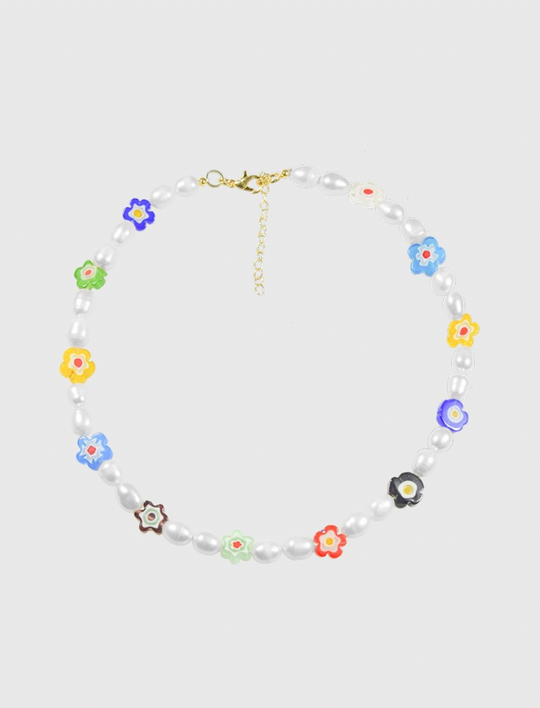 AWE Colored Glass Flower Pearl Necklace
