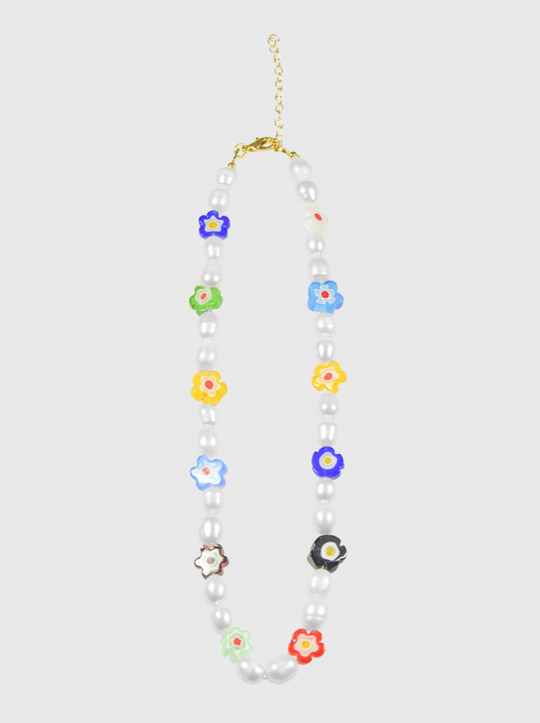 AWE Colored Glass Flower Pearl Necklace