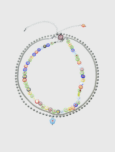 AWE Three Layered Colored Glazed Flower Beaded Necklace