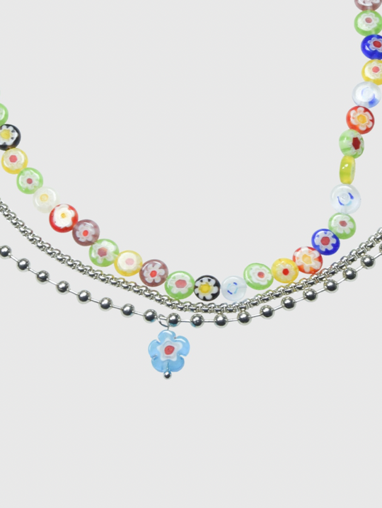 AWE Three Layered Colored Glazed Flower Beaded Necklace