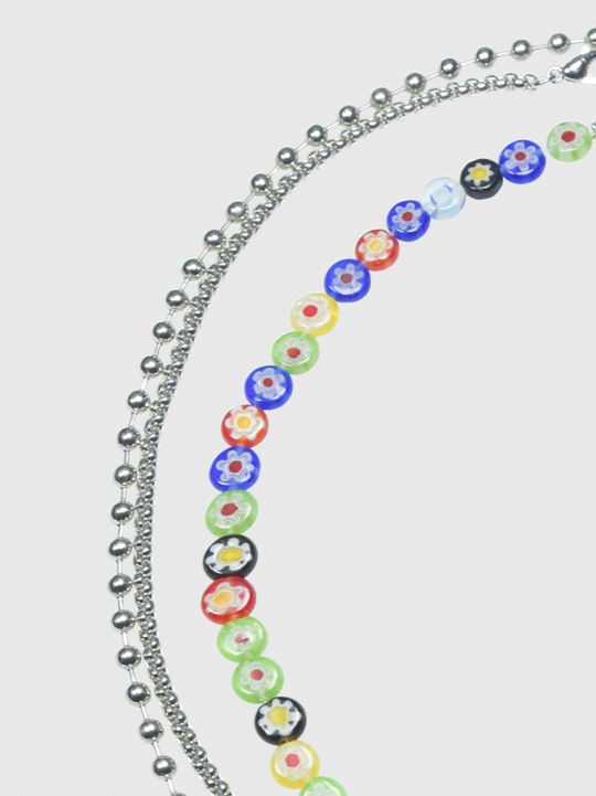 AWE Three Layered Colored Glazed Flower Beaded Necklace