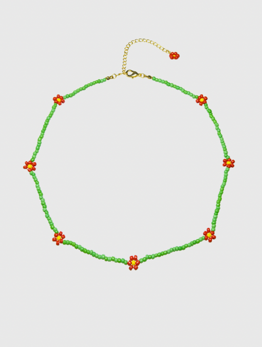 AWE Red Daisy Floral Beaded Necklace
