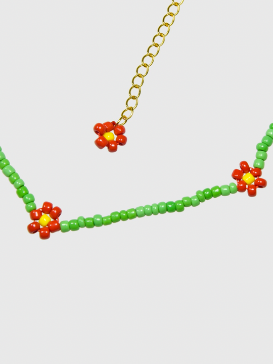 AWE Red Daisy Floral Beaded Necklace