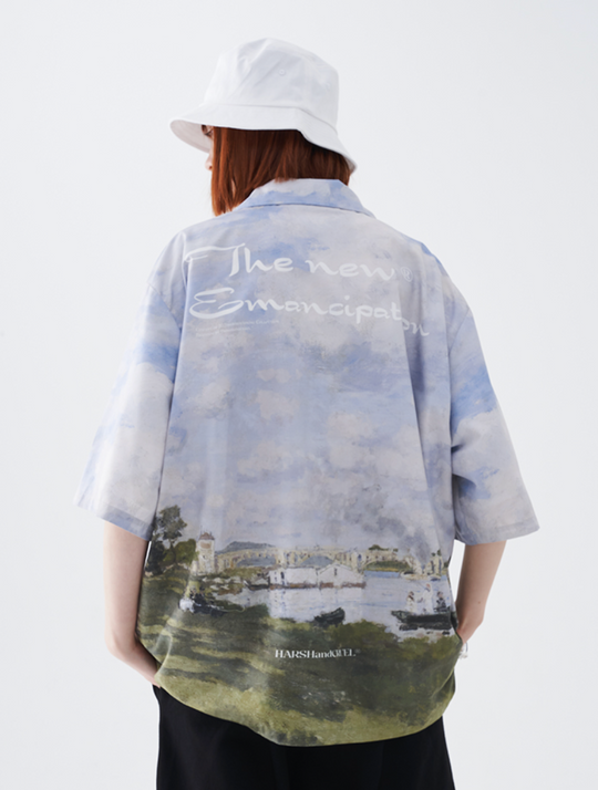 Harsh and Cruel Monet Oil Painting Logo Cuban Shirt